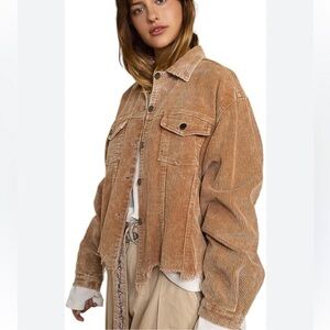 POL Clothing Relaxed Oversized Long Corduroy Trucker Jacket Teddy Bear Brown S